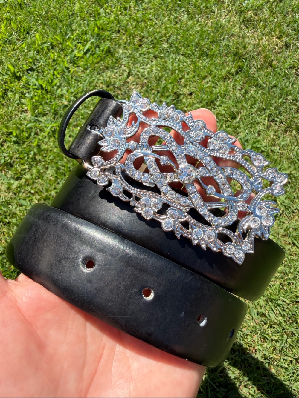 Italian Leather Belt with Iridescent Crystal Rhinestone Buckle Size 40 Black GUC